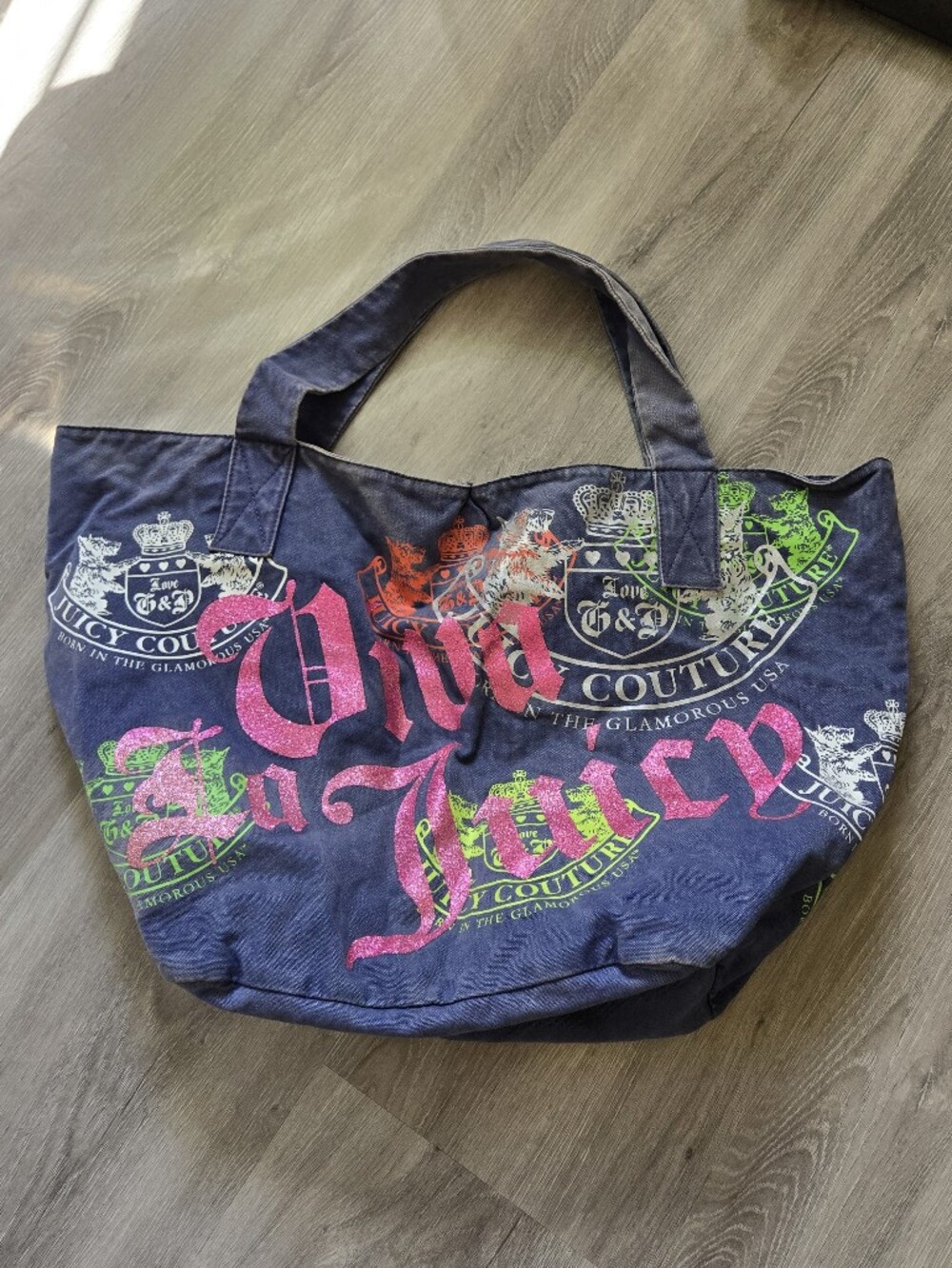Juicy Couture Navy Canvas Tote with Pink and Neon Green Graphics